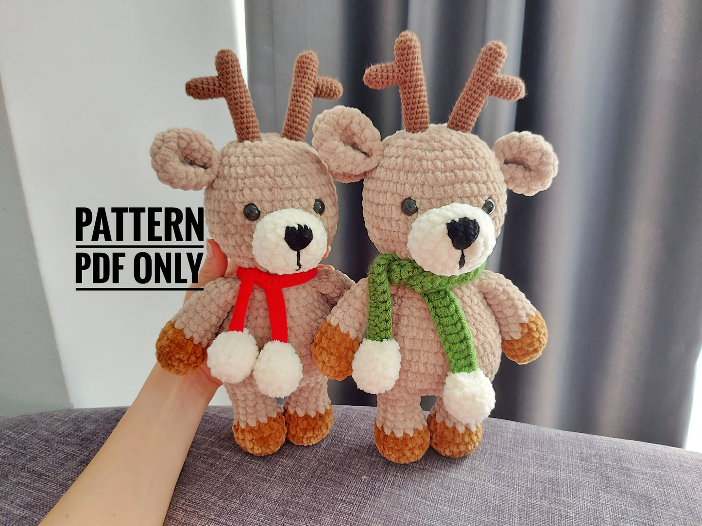 crochet deer in red scarf pattern, Christmas deer toy patern, Christmas decor, charm Christmas, Christmas gift for baby, gift for teachers